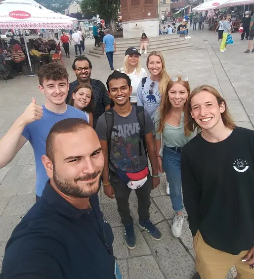 A happy moment with our guests in front of Sebilj Fountain in Baščaršija, the heart of Sarajevo’s Old Town.
